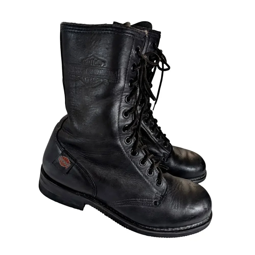 HARLEY DAVIDSON! BLACK GENUINE LEATHER CLASSIC HEAVY DUTY BIKER BOOTS! SZ 11M